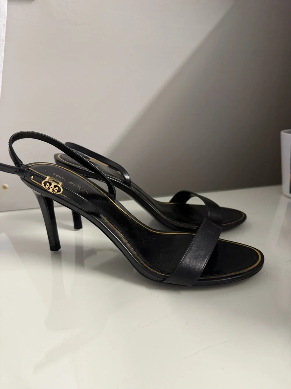 Tory Burch Black Leather Slingback Heels with Gold Trim